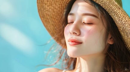 Beautiful asian woman wearing straw hat. Summer portrait against blue background.