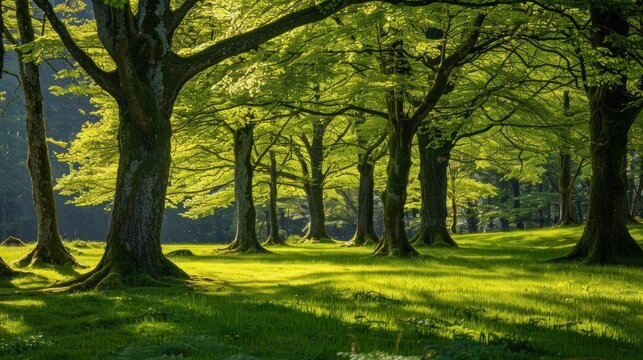 Natural scene big beech trees in spring time landscape background. AI generated image