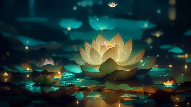 Enchanting illuminated lotus flower floating on turquoise water with open space for text