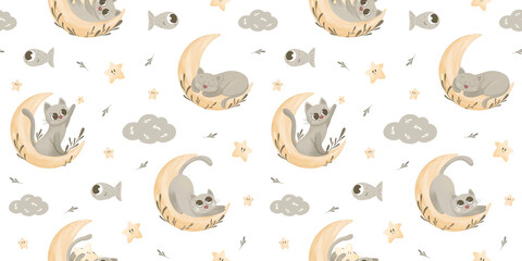 seamless pattern of cats on the moon with fish, pattern designs the night sky with cats and stars, patterns for fabric, packaging, stationery, clothes with cats, stars, branches, white background