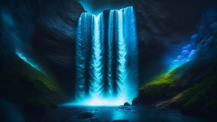 A magical waterfall of blue light descending from above. A picture of colors and fabulousness in a natural phenomenon. Creative, AI Generated