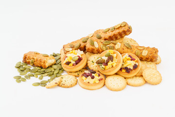 Various pastries on white background