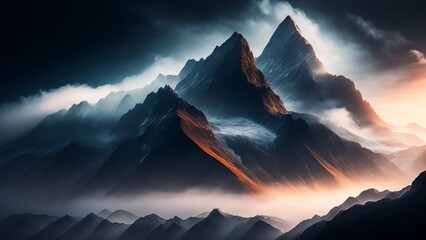 Mighty mountain peaks shrouded in light morning fog. Greatness and inspiration in natural landscapes. Creative, AI Generated - obrazy, fototapety, plakaty