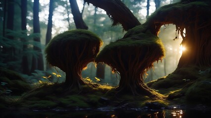 Fantastic forest sculptures on an alien planet. The idea of miracles and creativity in an unknown world. Creative, AI Generated