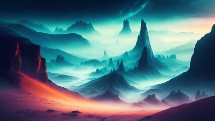 Misty valleys on an alien land. Mysterious atmosphere and mysterious landscapes. Creative, AI Generated - obrazy, fototapety, plakaty