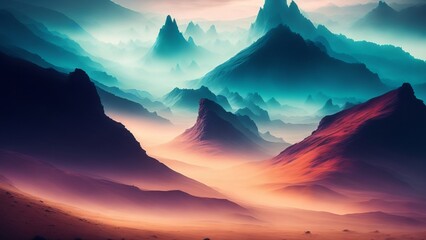 Misty valleys on an alien land. Mysterious atmosphere and mysterious landscapes. Creative, AI Generated - obrazy, fototapety, plakaty