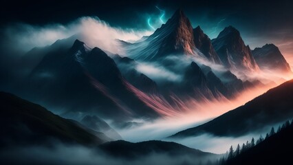 Mysterious fog enveloping the mountain peaks in the middle of the day. An image of mystery and mystery in nature. Creative, AI Generated - obrazy, fototapety, plakaty