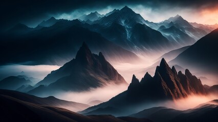 Mysterious fog enveloping the mountain peaks in the middle of the day. An image of mystery and mystery in nature. Creative, AI Generated - obrazy, fototapety, plakaty