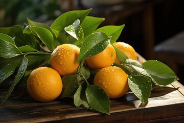Oranges with leaves on a wooden table, generative IA