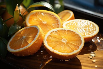 Sliced ??and whole oranges on a light surface, generative IA - obrazy, fototapety, plakaty