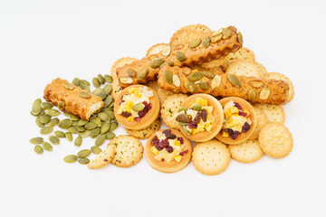 Various pastries on white background