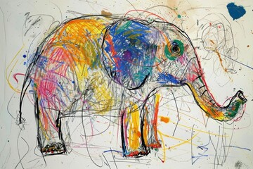 The hand drawing colourful picture of the elephant that has been drawn by the colored pencil, crayon or chalk on white blank background that seem to be drawn by the child that willing to draw. AIGX01. - obrazy, fototapety, plakaty