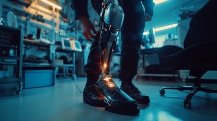 An individual tests the functionality of a robotic leg with sparking connections, demonstrating the dynamic interface between technology and practicality. - obrazy, fototapety, plakaty