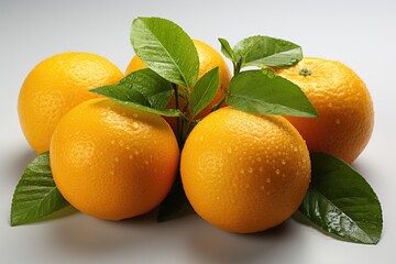 Whole and half -cut oranges with green leaves, isolated in the white background, generative IA