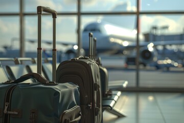 Fototapeta premium An image depicting suitcases in an airport terminal waiting area, with an airplane in the background. 