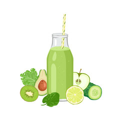 Green detox smoothie in bottle with straw. Healthy juice and fresh kale leaf, lime, apple, kiwi, avocado, spinach and cucumber. Vector cartoon illustration.