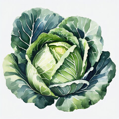 Watercolor illustration of green ripe cabbage on white background. Fresh garden vegetable. Hand drawn - obrazy, fototapety, plakaty