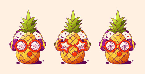 Groovy pineapple in sunglasses. Summer tropical cute characters.