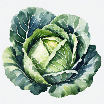Watercolor illustration of green ripe cabbage on white background. Fresh garden vegetable. Hand drawn