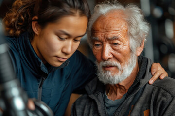 Elderly man getting support from a personal trainer in the gym