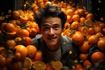 Fototapeta na wymiar Person, showing, cut, orange, half, over, pile fruits, generative IA