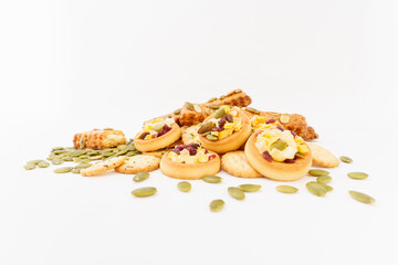 Various pastries on white background