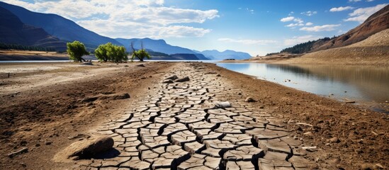 A barren, dry riverbed showing cracked earth with remnants of water and a lone tree visible in the distance - obrazy, fototapety, plakaty