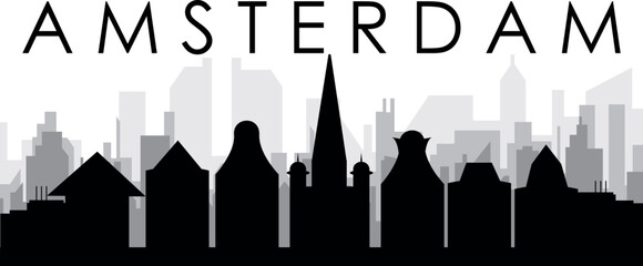 Black cityscape skyline panorama with gray misty city buildings background of AMSTERDAM, NETHERLANDS