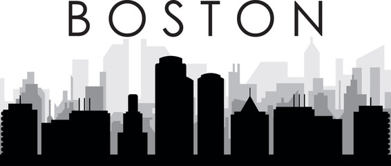 Black cityscape skyline panorama with gray misty city buildings background of BOSTON, UNITED STATES