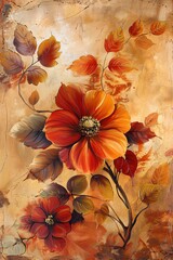 Abstract oil painting of a vibrant autumn flower, a symphony of orange, red, and yellow, capturing the essence of fall