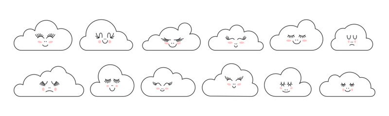 Cute 
sleepy clouds for kids design. Eyelashes, cheeks, mouth. Cheerful, cute, sweet emotions. Elements for children's goods, postcards, textile, fabrics, packaging, decor
