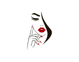 Vector illustration of a black and white silhouette of a girl's face with red lips