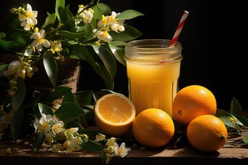 Orange juice with orange fruit salpics in the studio background restaurant with ga, generative IA