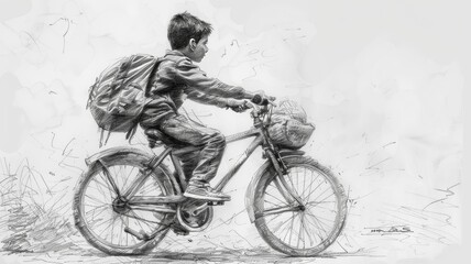 Fototapeta na wymiar A boy on bicycle, pencil sketch