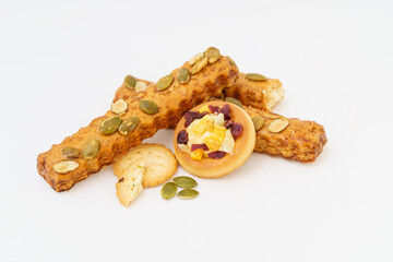 Various pastries on white background
