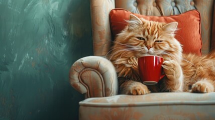 Cat holding cup of tea sitting on chair - obrazy, fototapety, plakaty