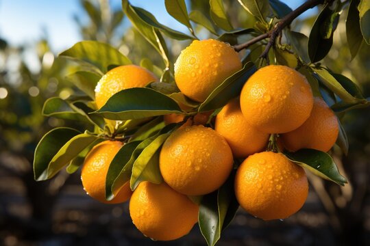 A picture of close to delicious fresh oranges on a tree, generative IA