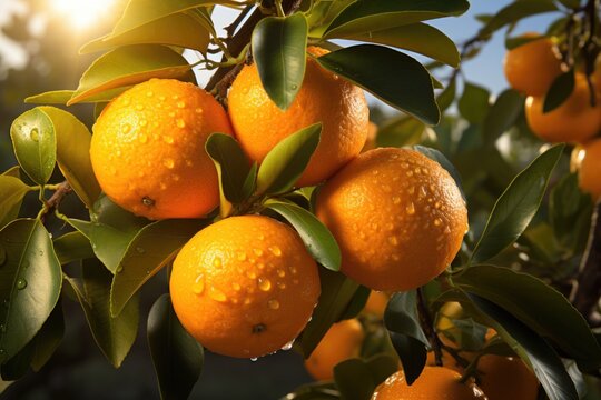 A picture of close to delicious fresh oranges on a tree, generative IA