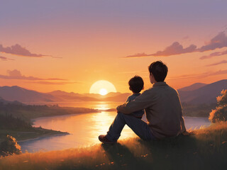 Father and son sit to see sunset view, illustration - obrazy, fototapety, plakaty
