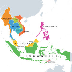 Southeast Asia countries, political map. Geographical region of Asia, bordered by East and South Asia, by the Bay of Bengal, Oceania, the Pacific Ocean, and bordered by Australia and the Indian Ocean.