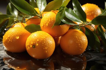 Upper view of fresh tangerines on a shiny isolated surface with a copy space, generative IA