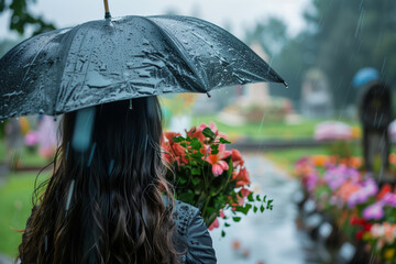 Woman at Funeral  Ceremony Under Umbrella During the Rain