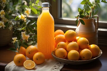 Superior view of orange juice in the bottle, generative IA