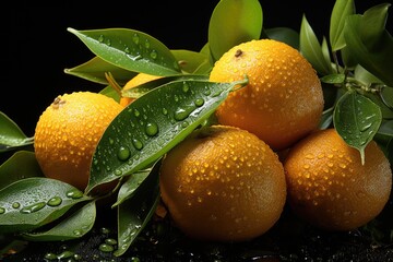 Superior fresh oranges succulent and sour lights with green leaves in the white ba, generative IA