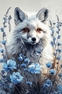 A painting of a fox surrounded by blue flowers