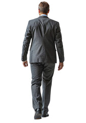 Business man in suit walkingisolated on white transparent, rear view. PNG - obrazy, fototapety, plakaty