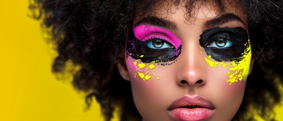  A portrait of a woman with painted face, yellow and pink tones on black curly hair