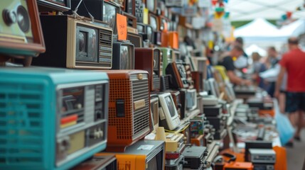 A diverse collection of vintage radios and TVs are displayed on a metal table in a room, sharing the history of engineering and science in the city's building and machine events. AIG41