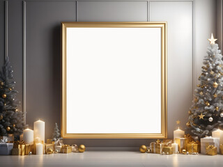 A 3D mockup poster with an empty blank frame hangs on a starry night background with silver and gold Christmas decorations above a celestial-inspired modern display room.