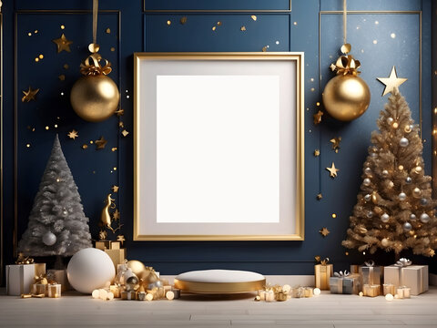 A 3D mockup poster with an empty blank frame hangs on a starry night background with silver and gold Christmas decorations above a celestial-inspired modern display room.